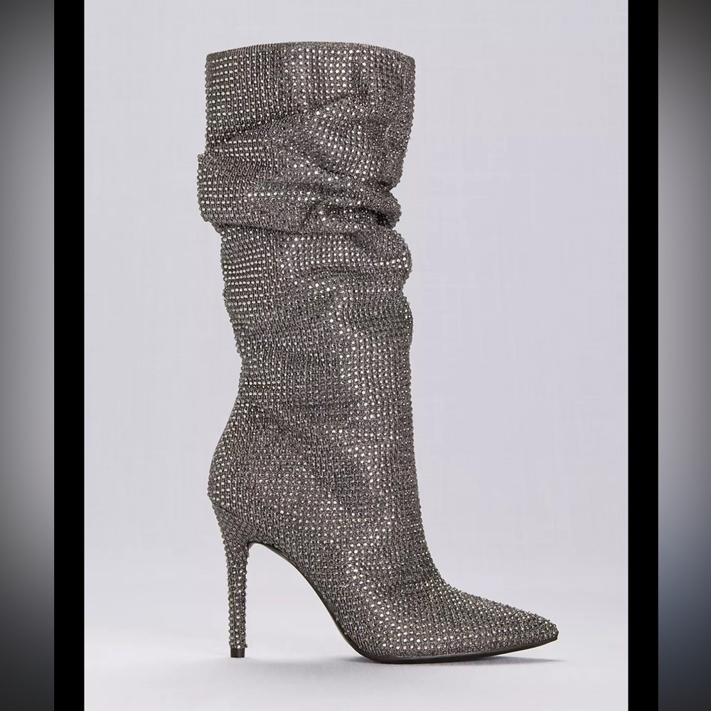 Jessica Simpson Layzer Rhinestone Slouch Heeled Boots in Pewter Silver 6 1/2